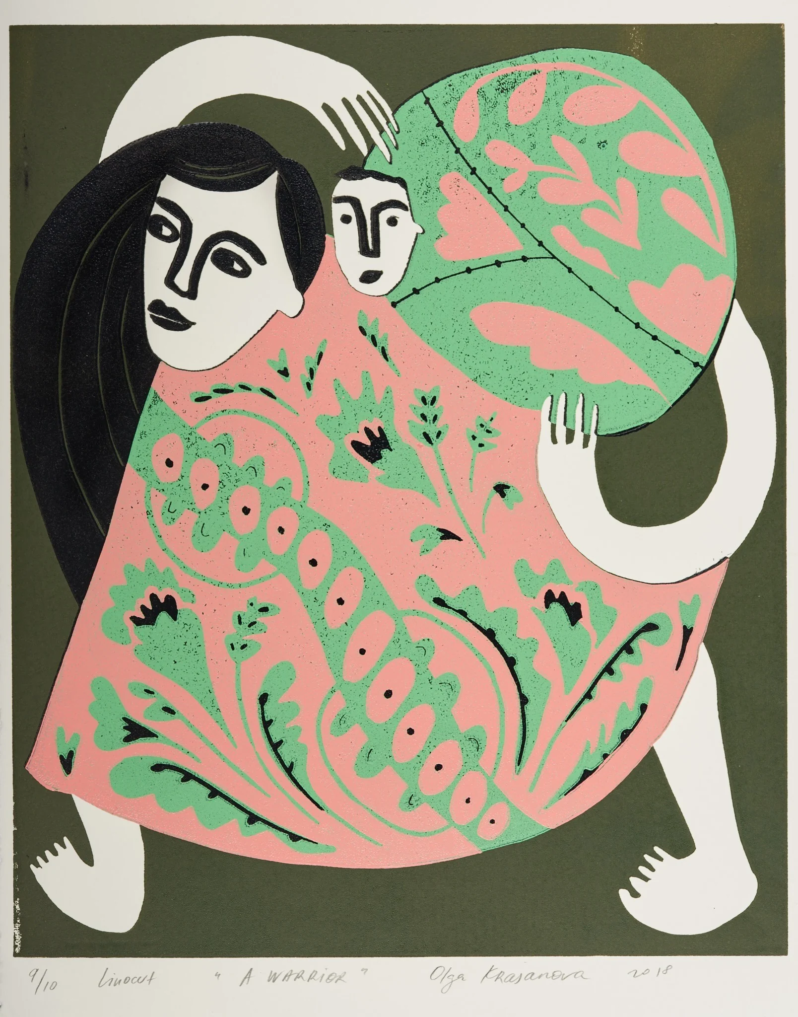 A Warrior, linocut by Olga Krasanova — a dark-haired figure carrying a child amid pink and green patterned forms