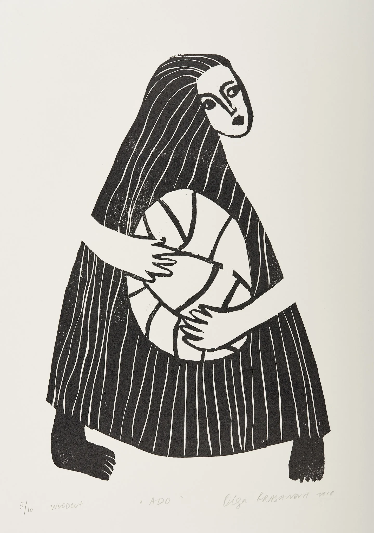 Ado, woodcut by Olga Krasanova — a long-haired black-and-white figure holding a geometric bundle