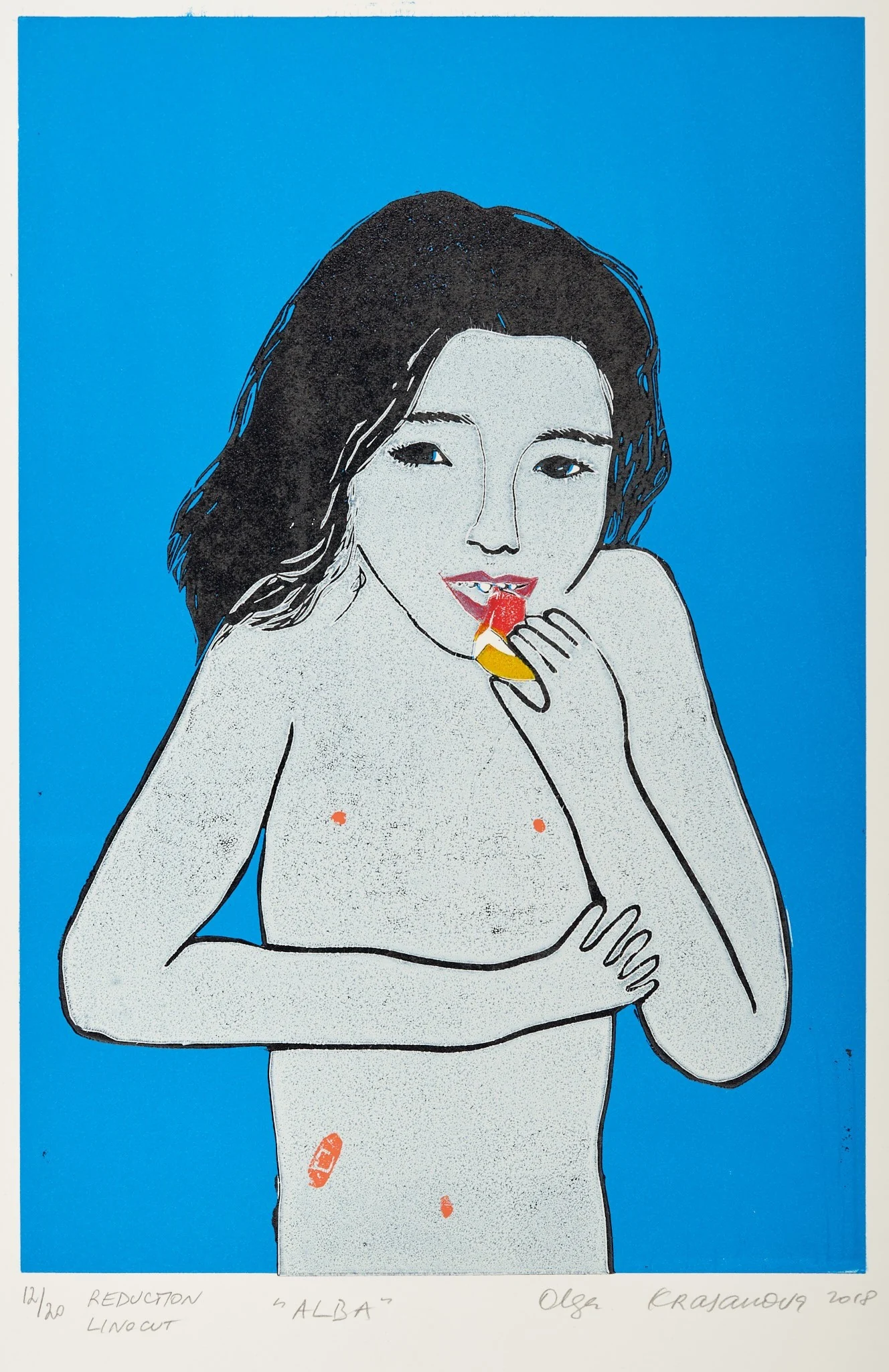Alba, linocut by Olga Krasanova — a dark-haired woman holding a small flower against bright blue
