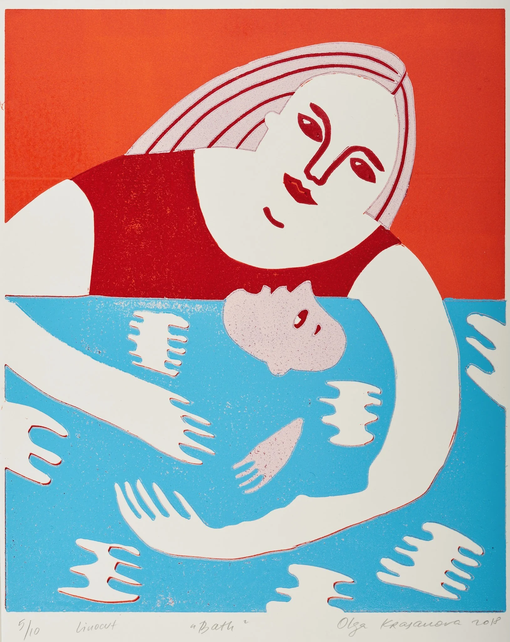 Bath, linocut by Olga Krasanova — a mother holding a small child in blue bathwater against orange