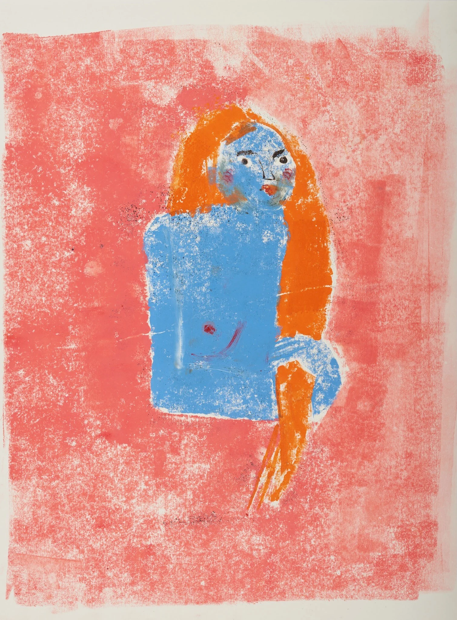 Blue Figure, monoprint by Olga Krasanova — a small blue figure with orange hair on a textured pink ground