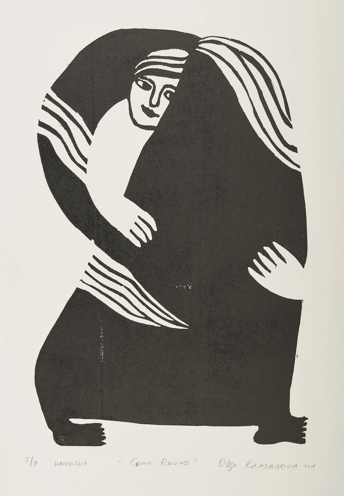 Come Round, woodcut by Olga Krasanova — two black silhouettes leaning into each other with long striped arms
