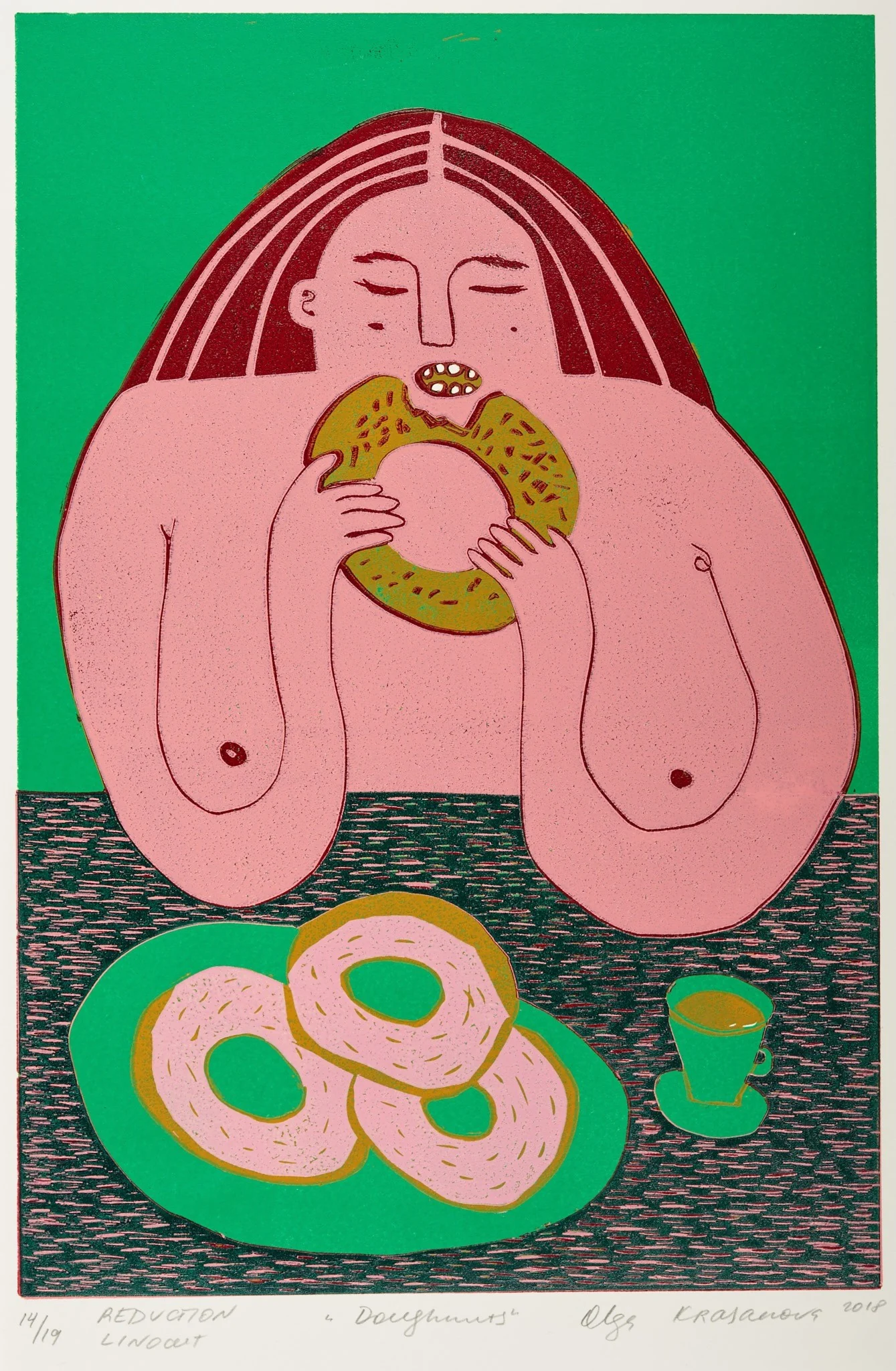 Doughnuts, linocut by Olga Krasanova — a pink figure eating doughnuts at a table against green