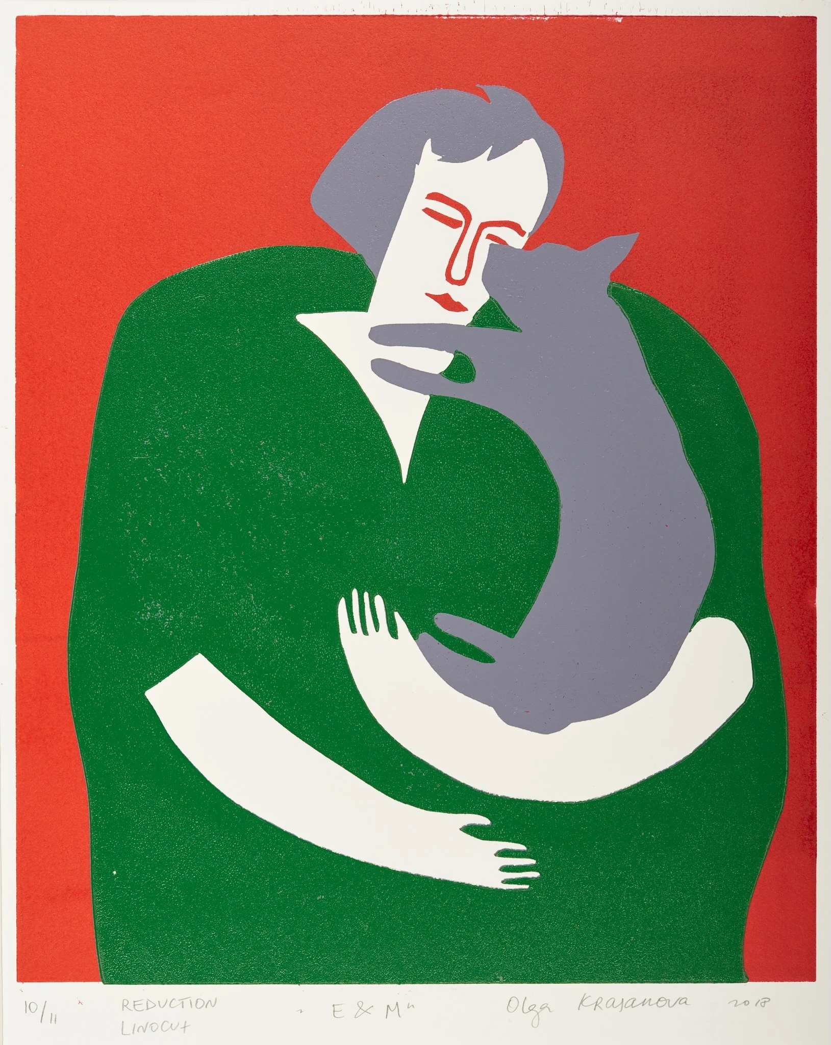 E & M, linocut by Olga Krasanova — a grey cat held close by a figure in green against a red ground