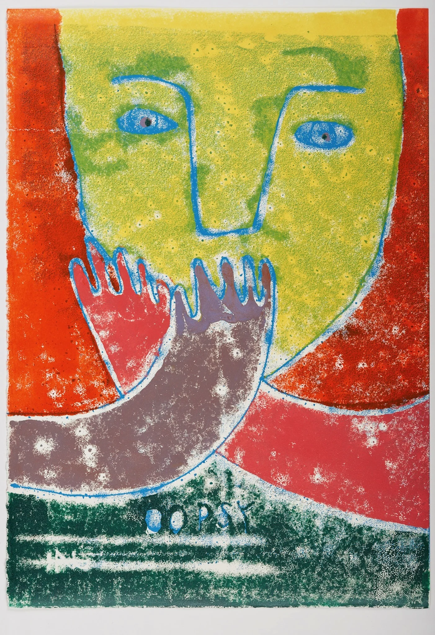 Face, monoprint by Olga Krasanova — a yellow face and raised hand in textured red, green and blue
