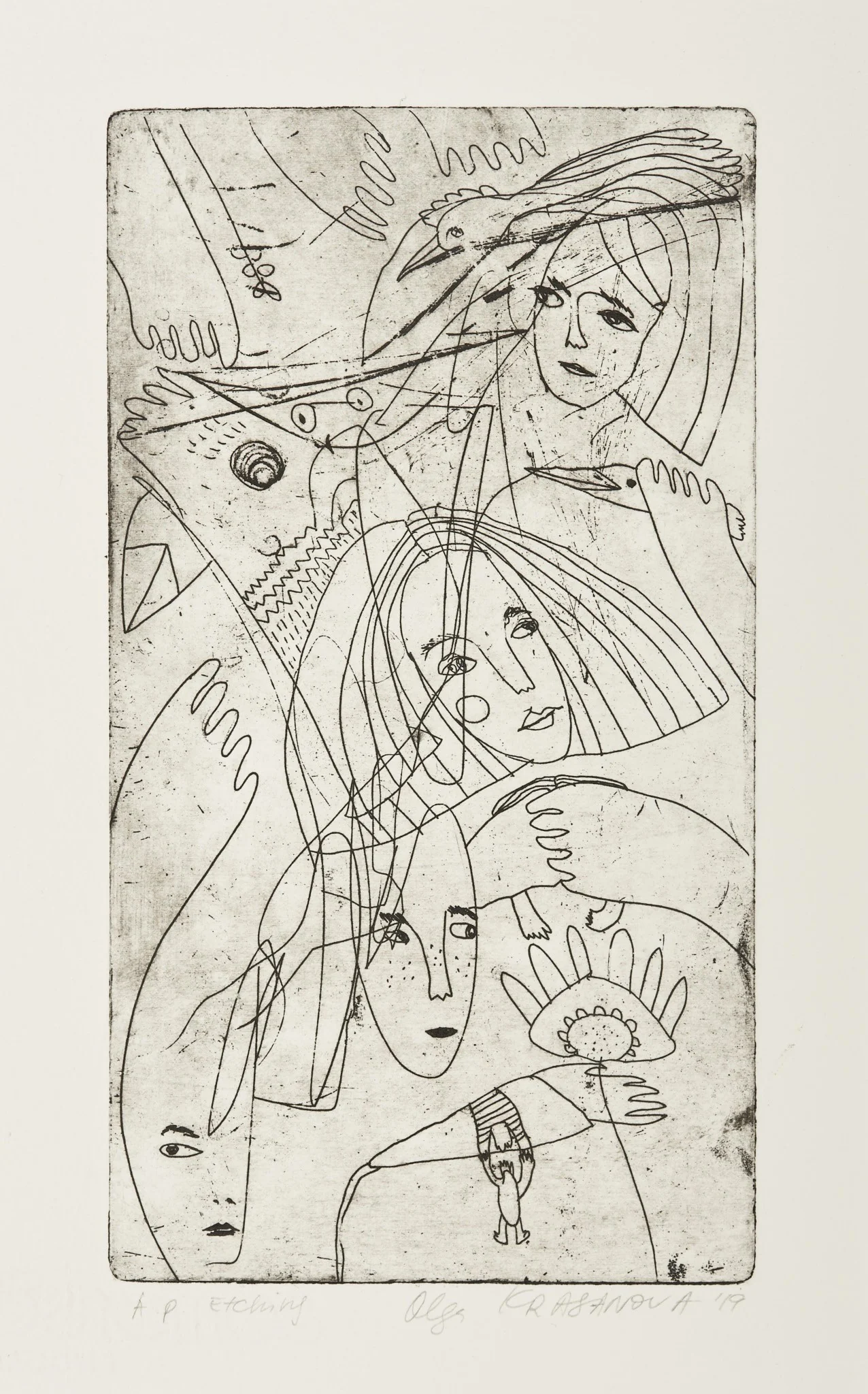 Figures, etching by Olga Krasanova — fine overlapping lines describing faces, figures, hands and birds