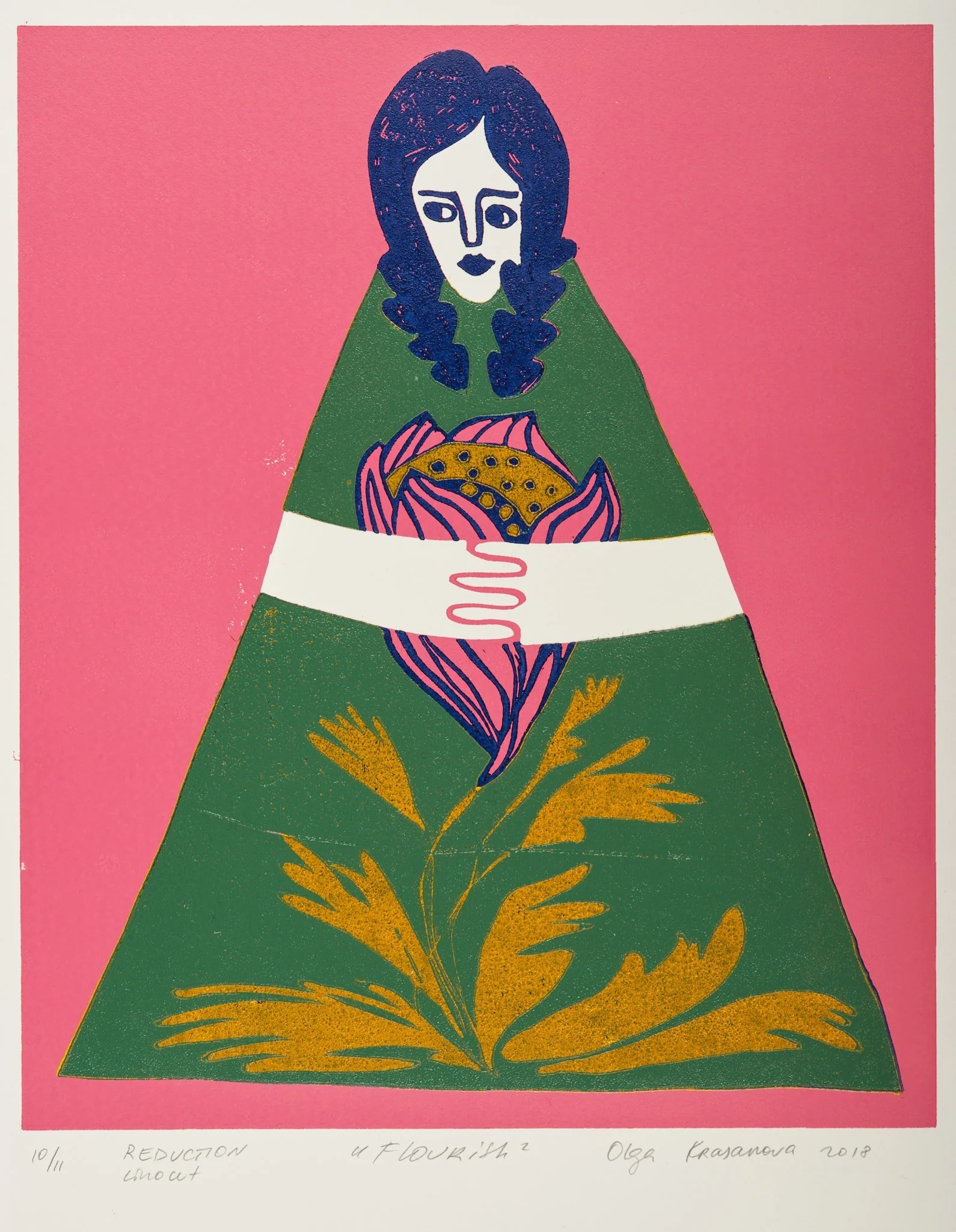 Flourish, linocut by Olga Krasanova — a woman holding a patterned form above golden leaves on a green dress