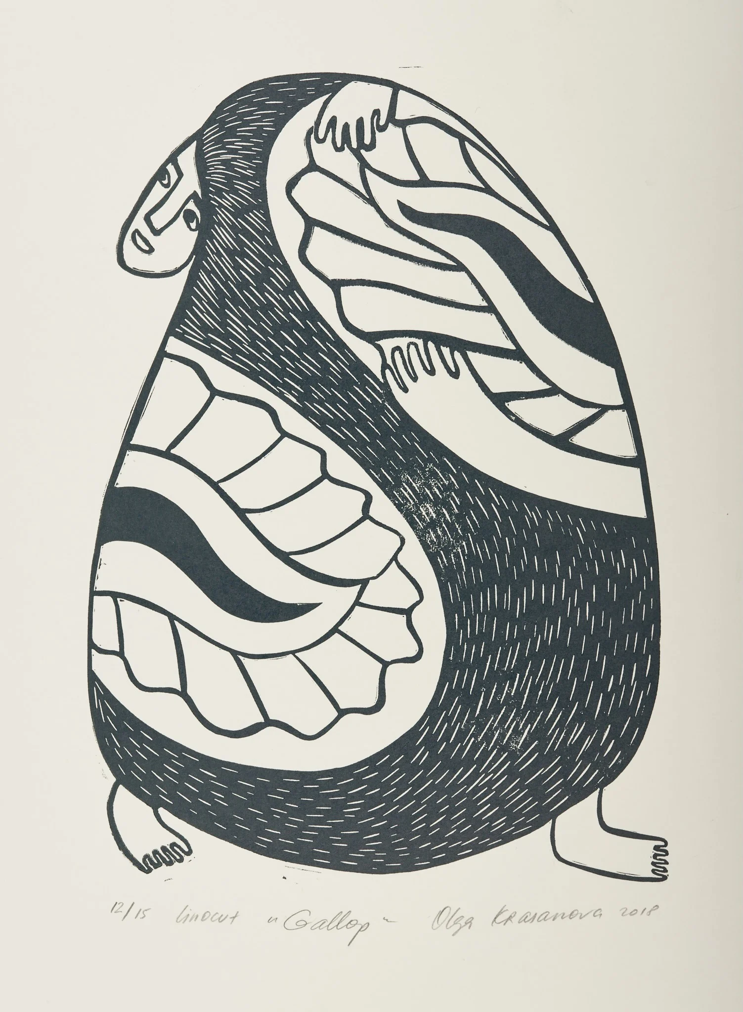 Gallop, linocut by Olga Krasanova — a rounded animal-like figure with flowing striped shapes and small feet
