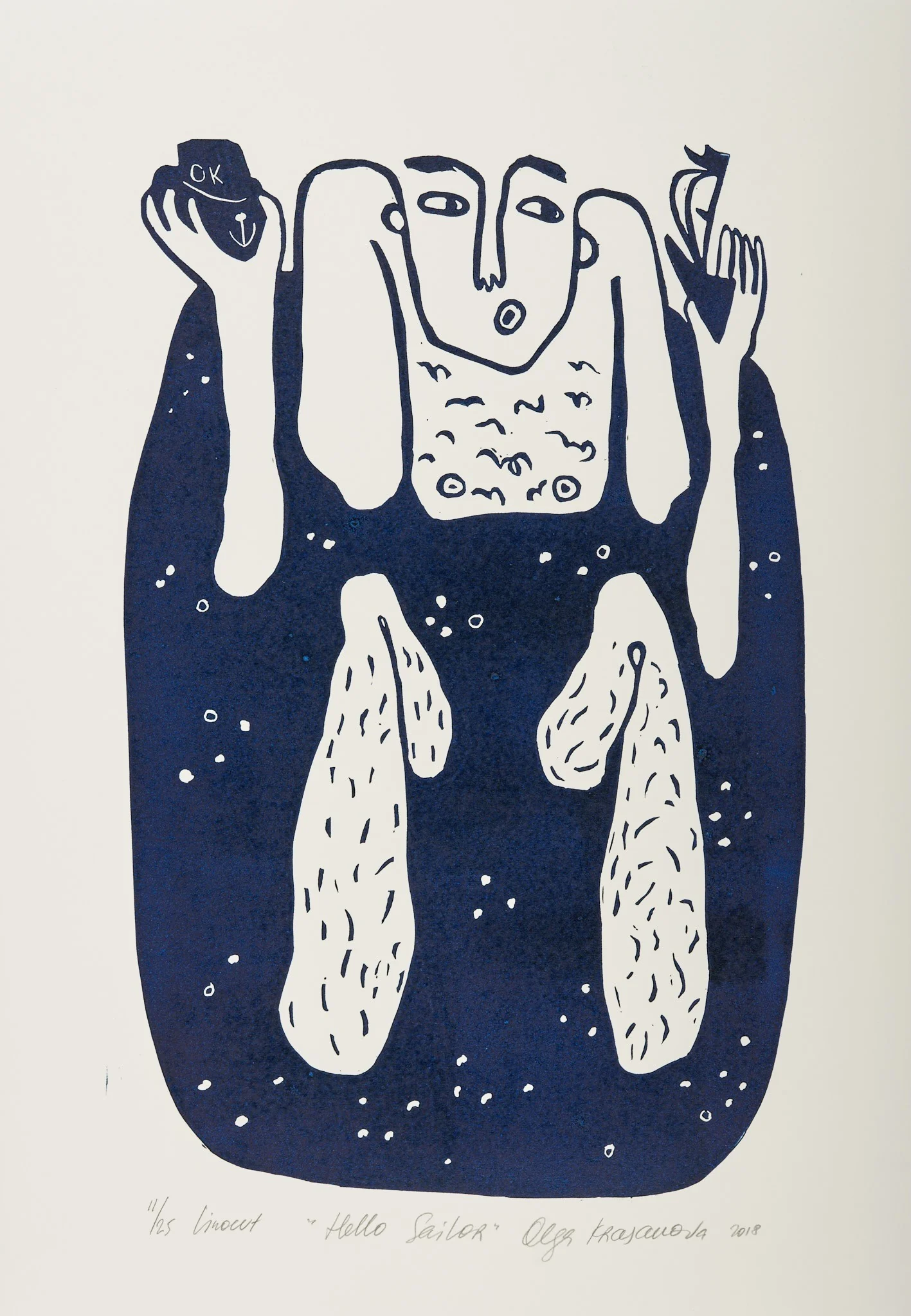 Hello Sailor, linocut by Olga Krasanova — two faces within a dark blue body, raised hands and patterned legs