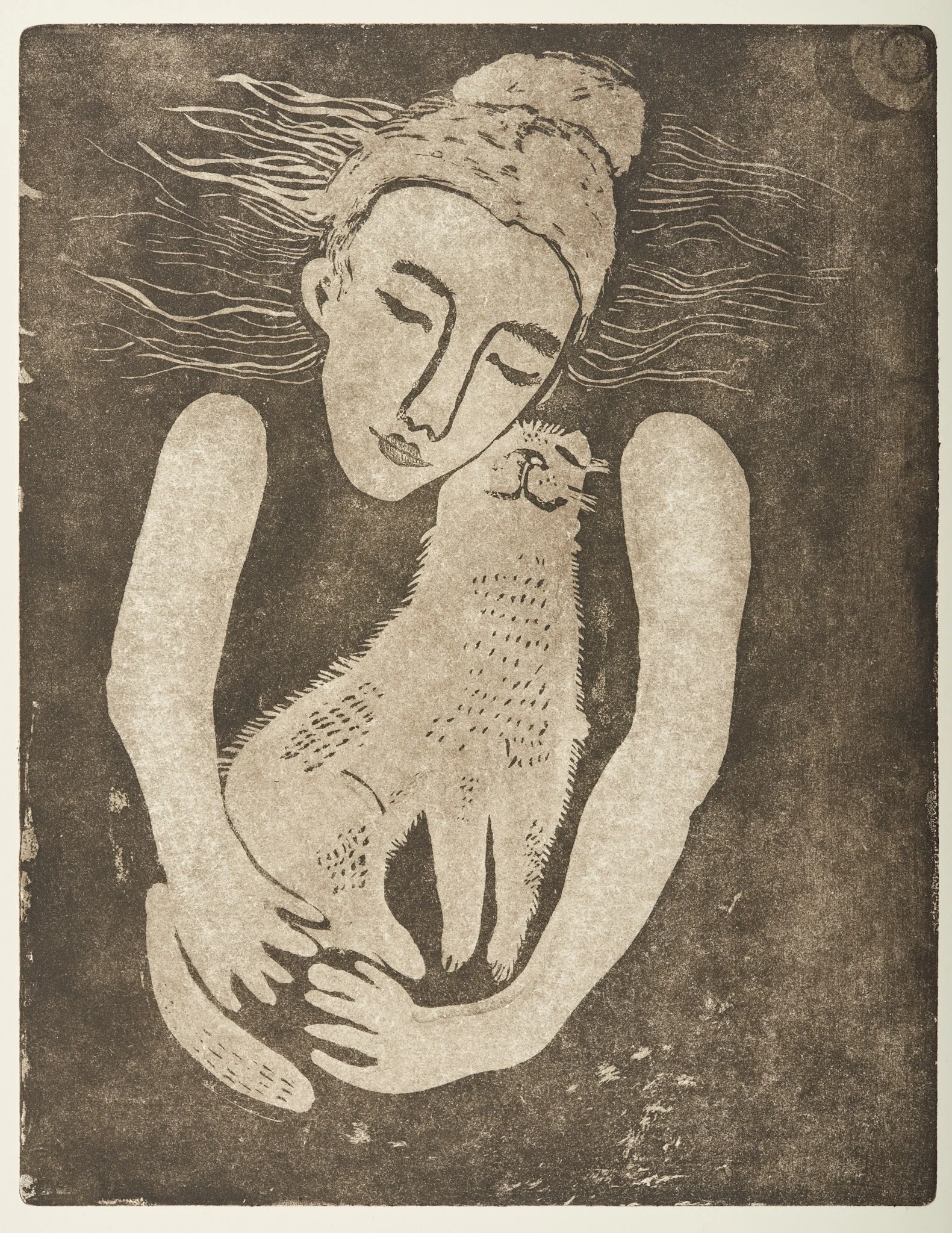 Holding, etching by Olga Krasanova — a seated woman holding a curled figure in a softly textured brown print