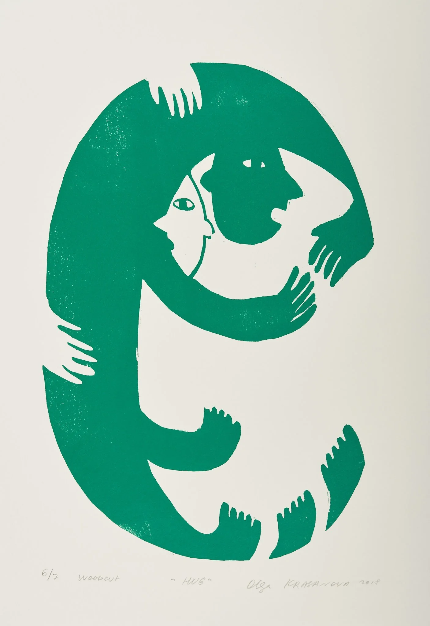 Hug, woodcut by Olga Krasanova — two green figures curled together in an embrace