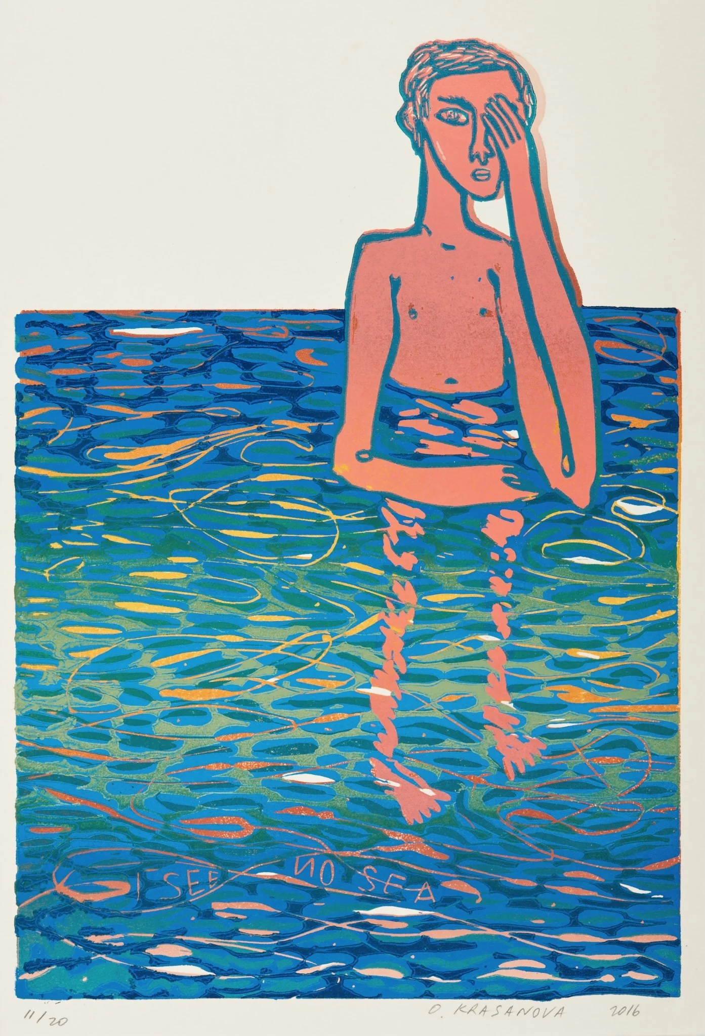 I See No Sea, linocut by Olga Krasanova — a pink figure covering one eye in vividly patterned turquoise and blue water