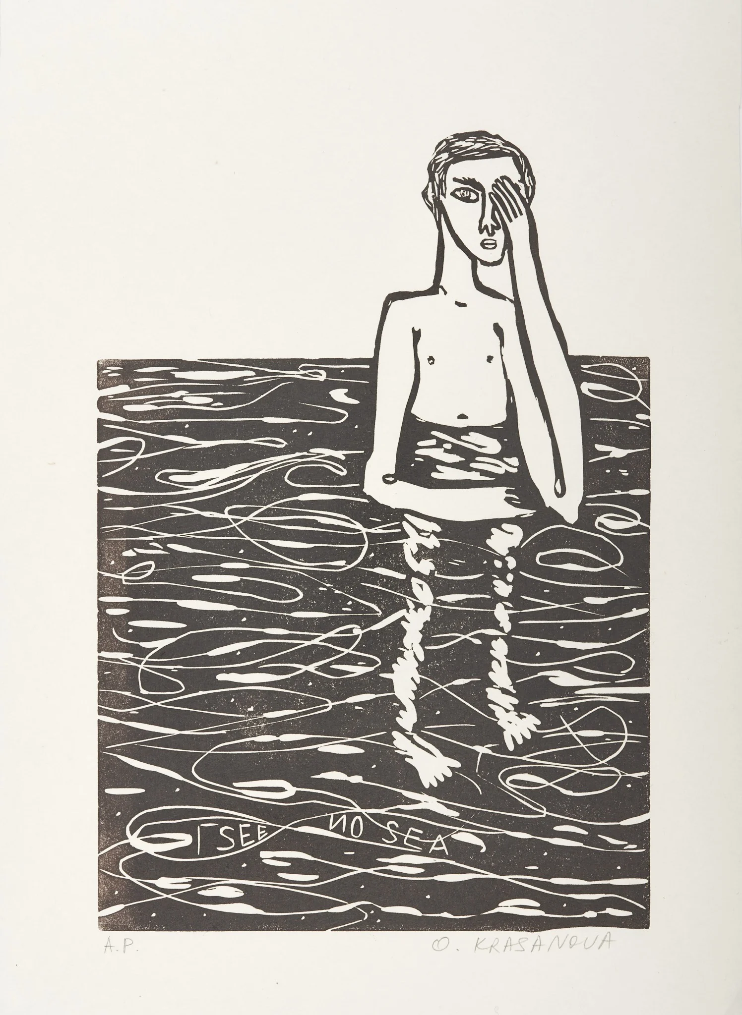 I See No Sea — Black & White, linocut by Olga Krasanova — a figure covering one eye, standing in rippling black-and-white water