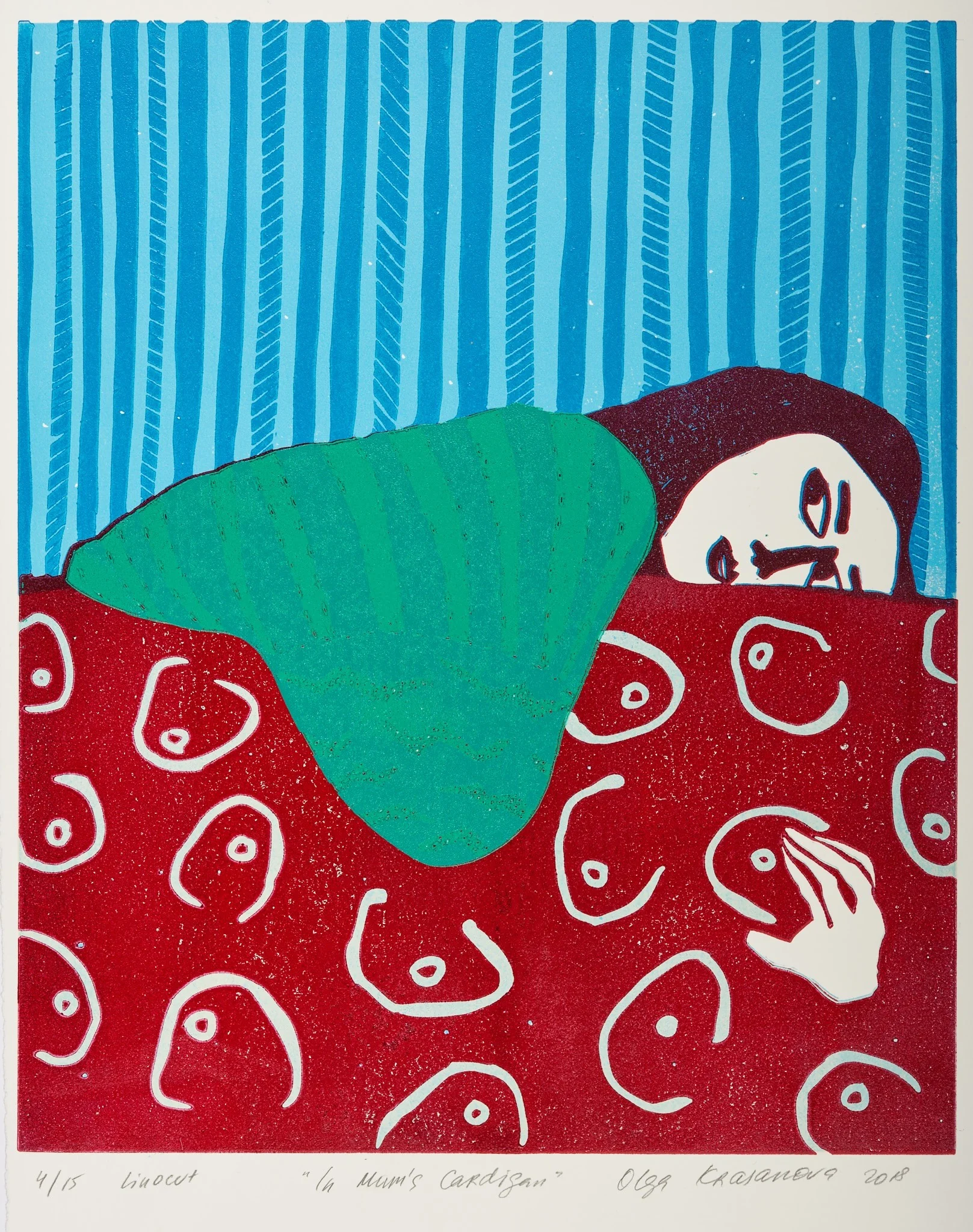 In Mum’s Cardigan, linocut by Olga Krasanova — a reclining figure enveloped by a red patterned cardigan