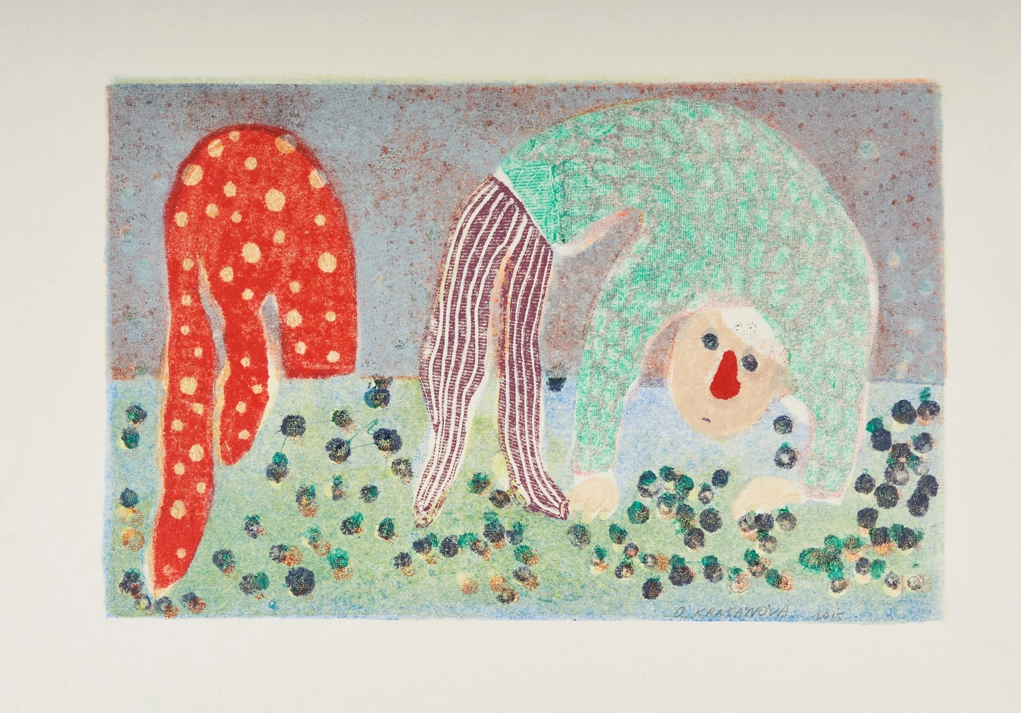 In the Garden, monoprint by Olga Krasanova — two abstract figures among red dots and pale green foliage