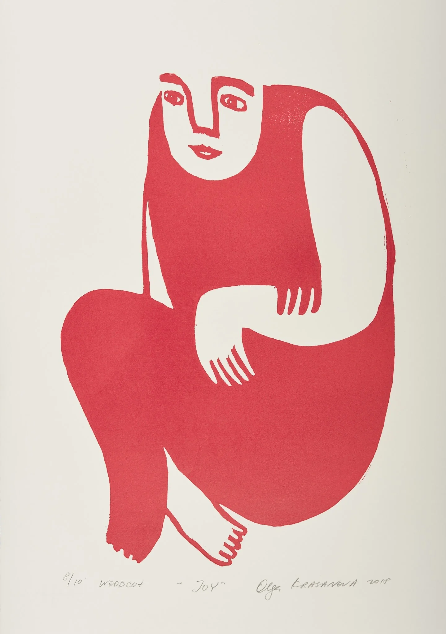 Joy, woodcut by Olga Krasanova — a seated red figure with folded arms and crossed feet