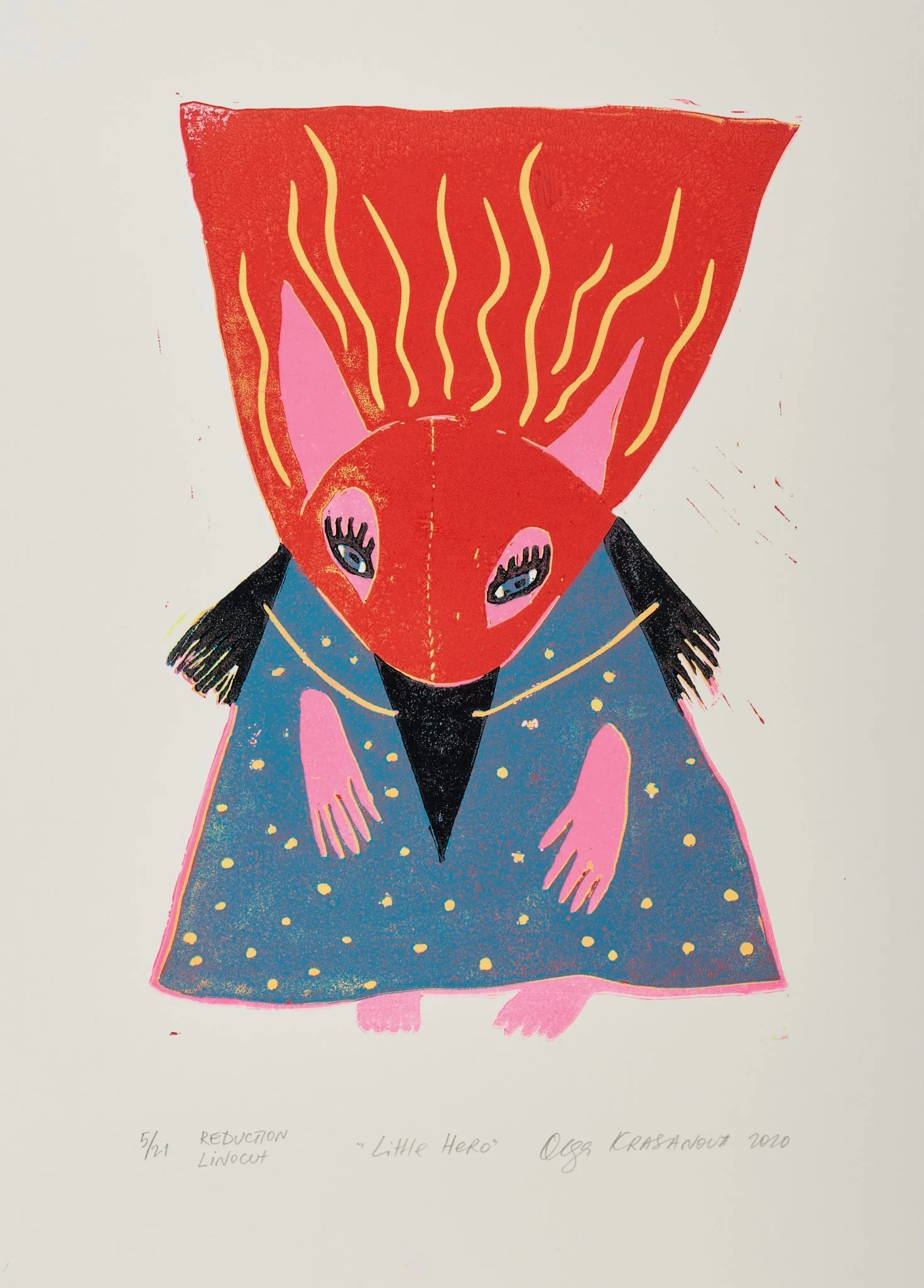Little Hero, linocut by Olga Krasanova — a small caped figure with a tall red flame-like headdress