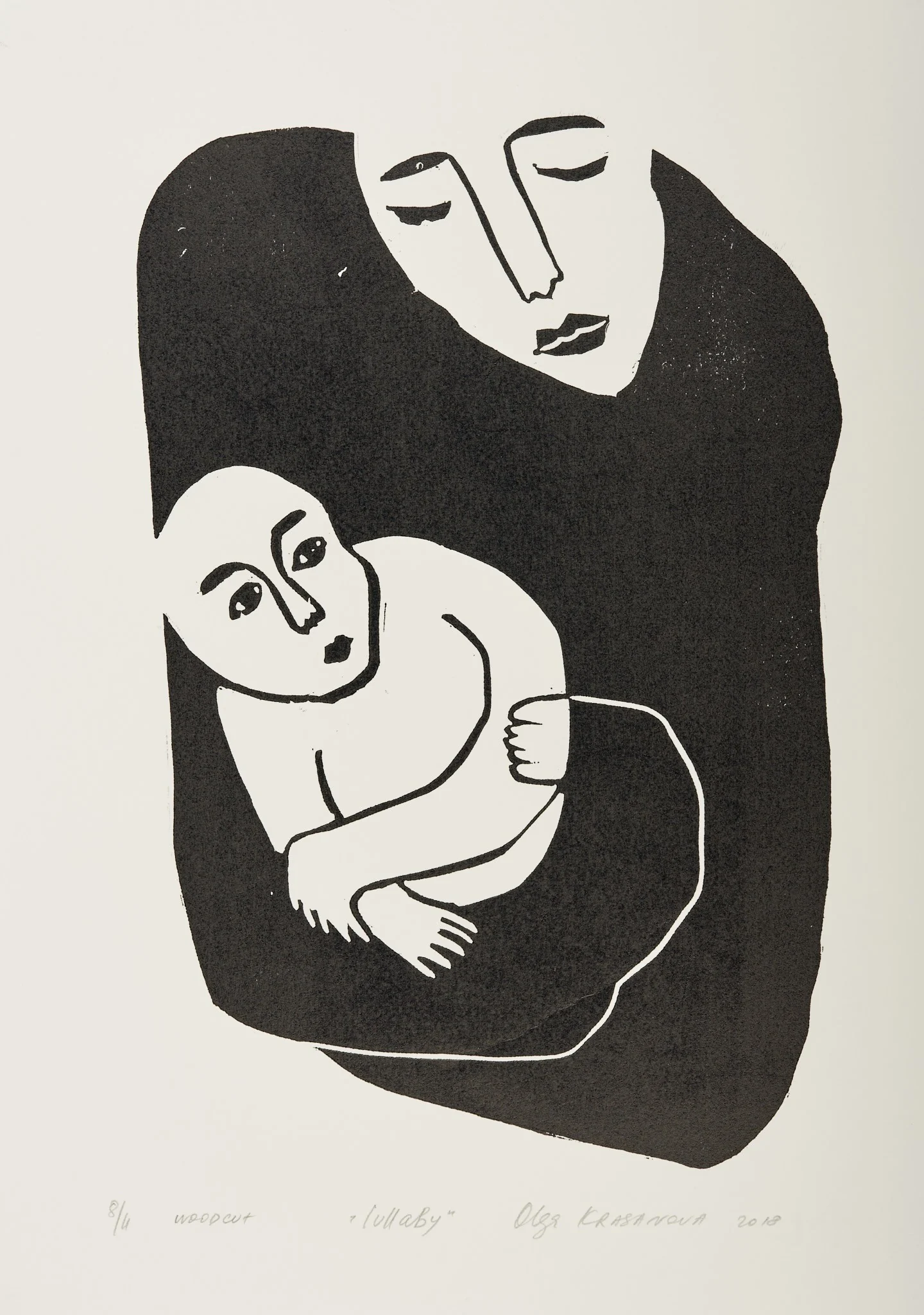 Lullaby, woodcut by Olga Krasanova — a large black figure cradling a smaller white figure