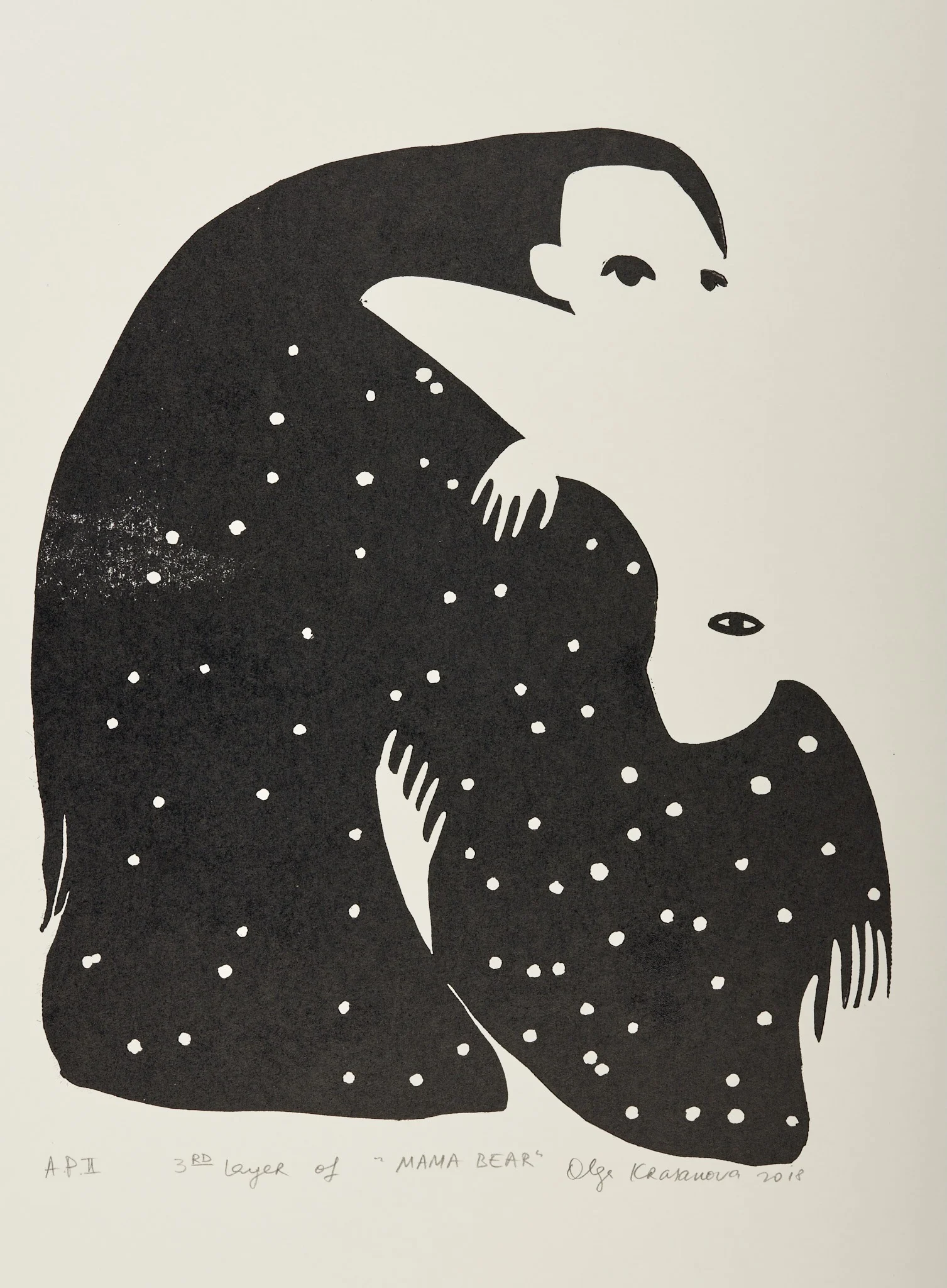 Mama Bear, woodcut by Olga Krasanova — a large black bear sheltering a smaller bear, their bodies dotted with white