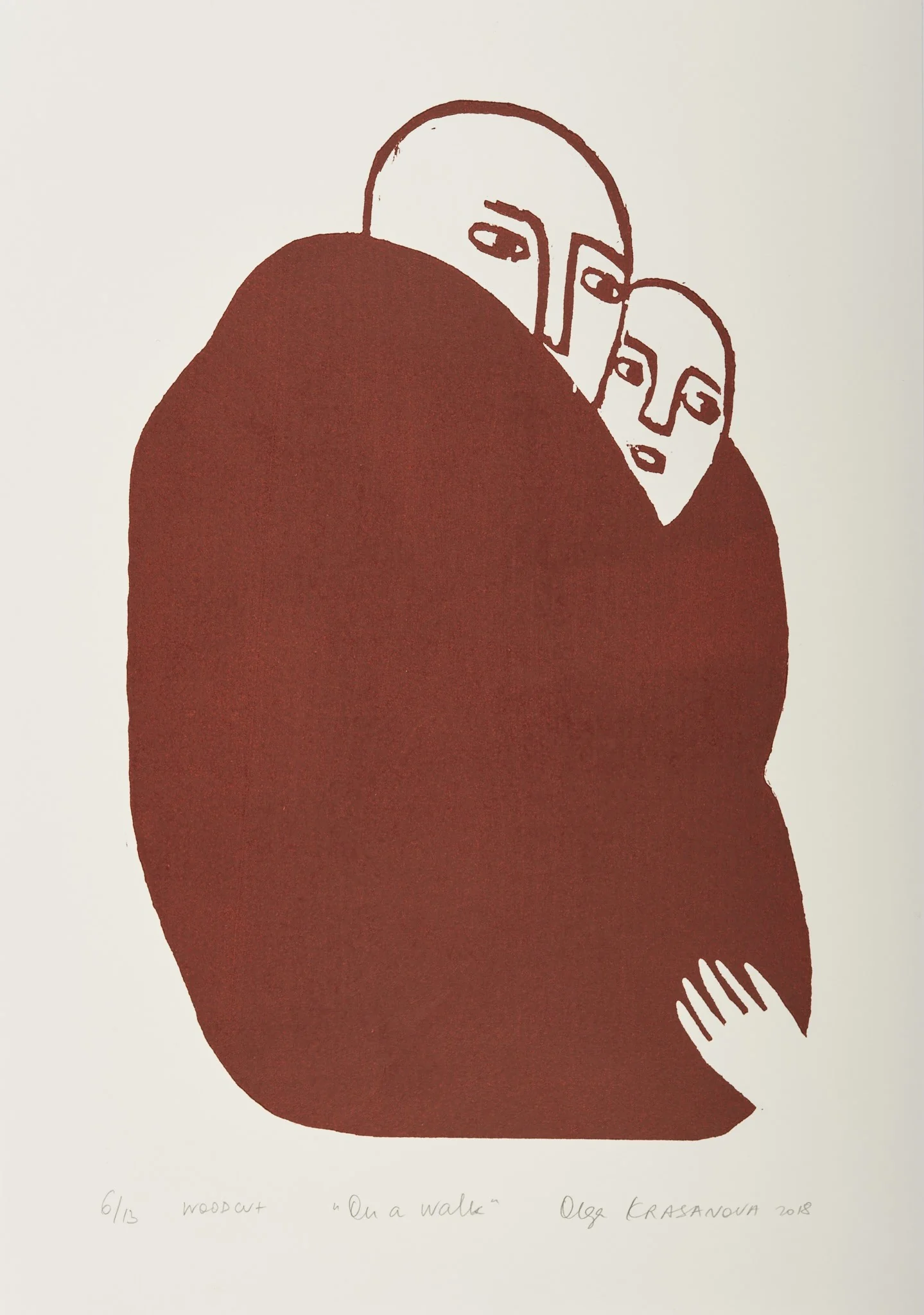 On a Walk, woodcut by Olga Krasanova — two faces peering over a shared rounded burgundy body