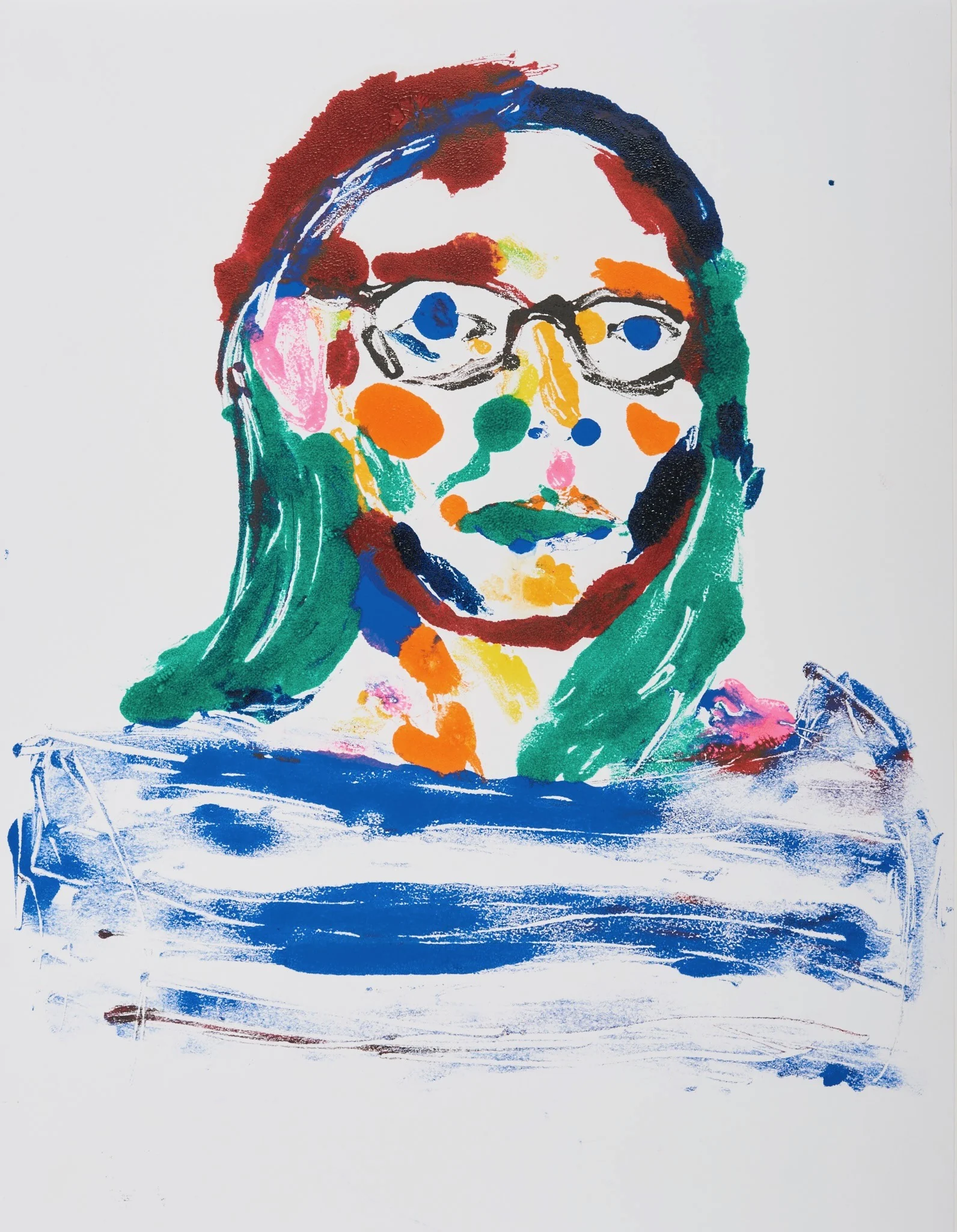 Portrait I, monoprint by Olga Krasanova — a bespectacled face in scattered blue, green and orange marks