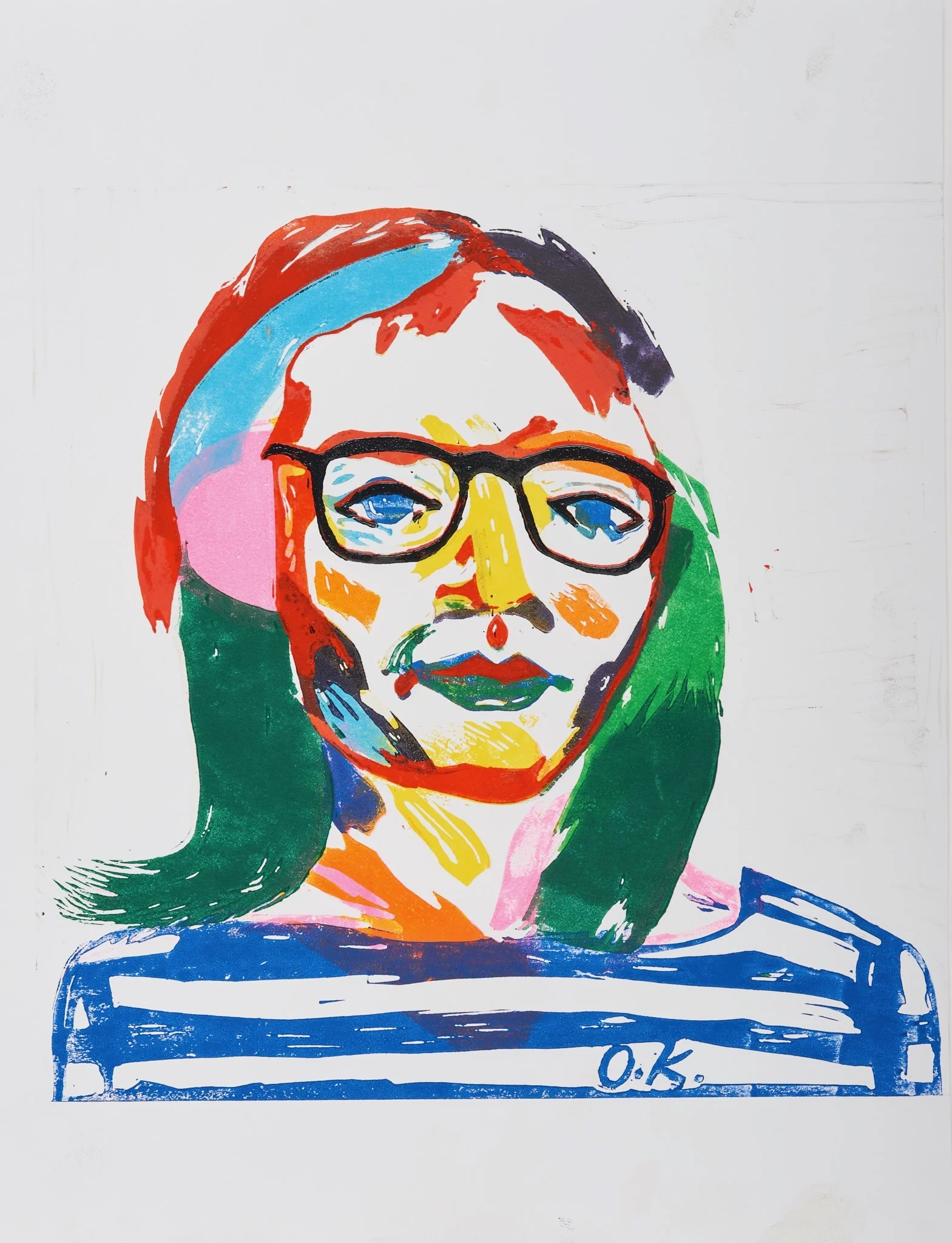 Portrait II, monoprint by Olga Krasanova — a woman in glasses and a striped shirt in blue, green and red