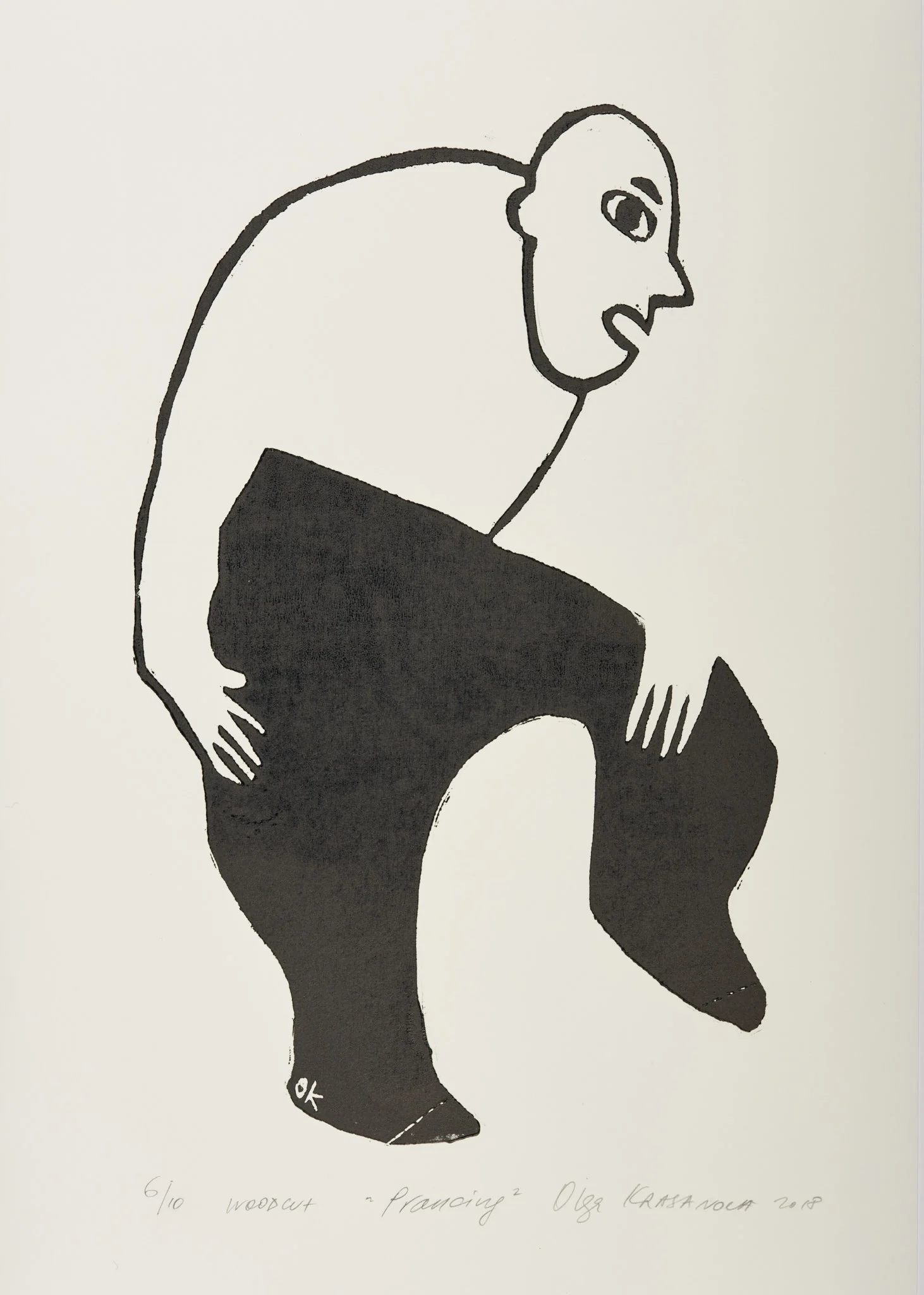 Prancing, woodcut by Olga Krasanova — a black-and-white figure lifting one knee with an elongated curved back