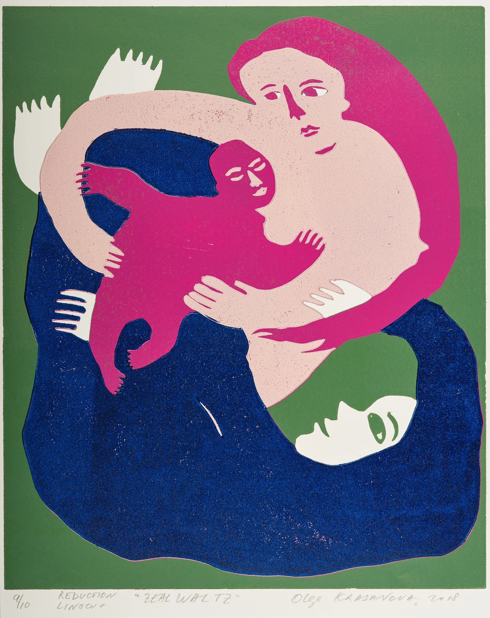 Real Waltz, linocut by Olga Krasanova — intertwining pink and blue figures with open hands on green