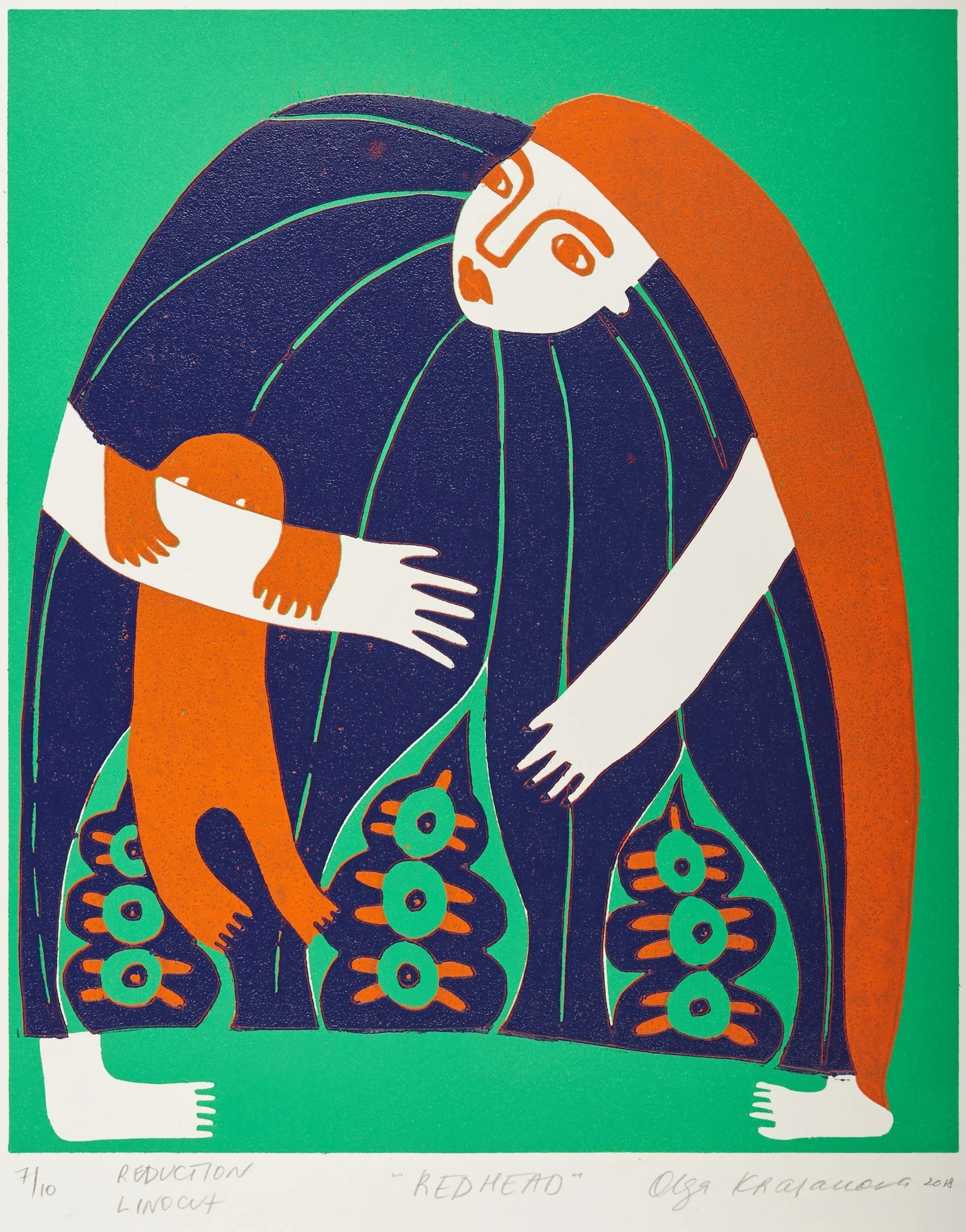 Redhead, linocut by Olga Krasanova — an orange-haired figure bending over a dark blue rounded body