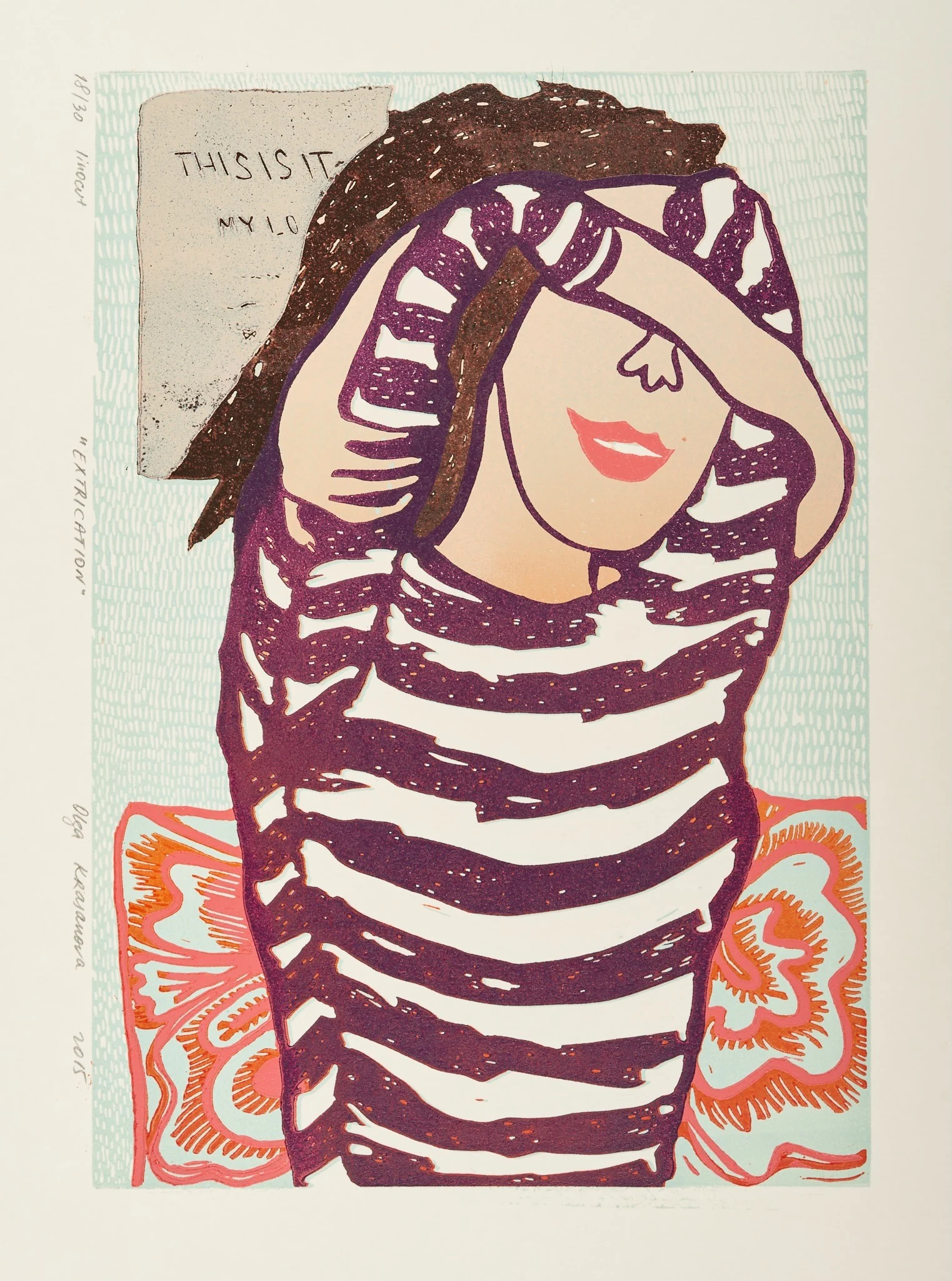 This Is the Way, mixed media by Olga Krasanova — a woman in a burgundy striped shirt shielding her eyes with one arm