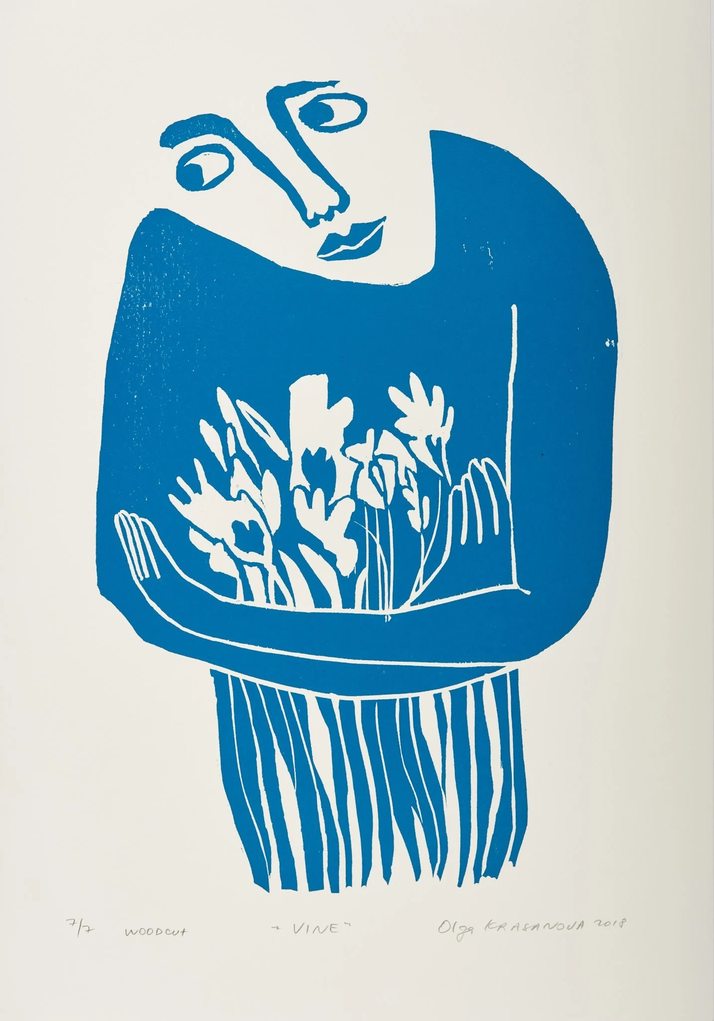Vine, woodcut by Olga Krasanova — a blue figure holding a delicate cluster of flowers within its body